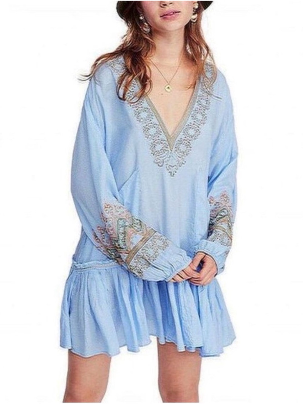 Free People Powder Blue Embroidered V-Neck Mini Dress